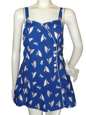 VINTAGE Swimsuit, S/M, Dress/Boyleg, Zipper front, Abstract Sailboats,Lined Cups